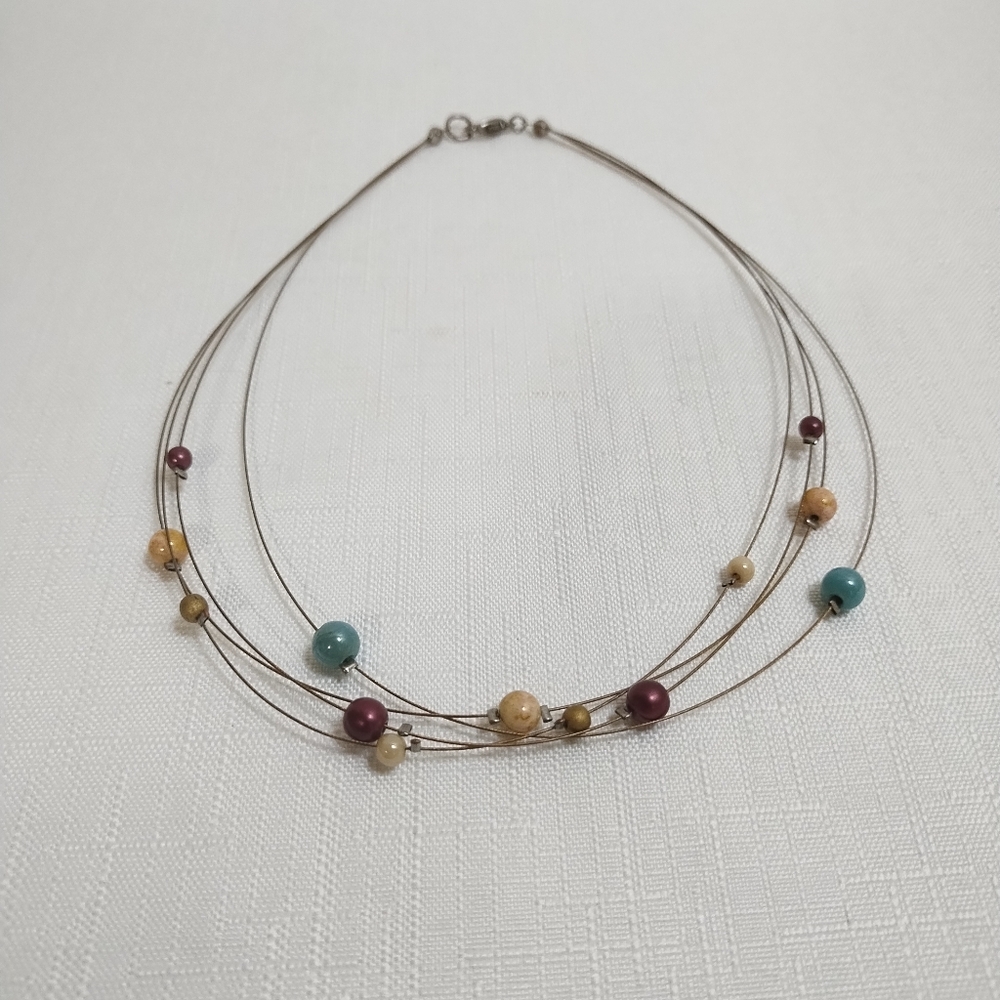 Elegant Multicolor Beaded Necklace Blue Brown Tan Multistrand Lobster